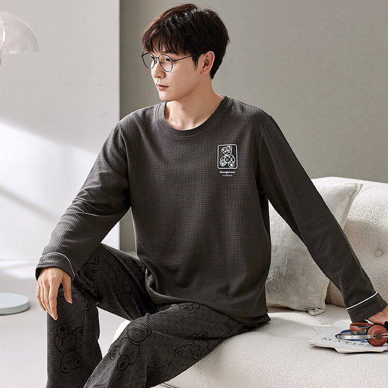 男士睡衣秋冬季新款精梳棉长袖宽松休闲青少年学生家居服套装代发