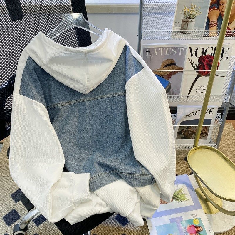 设计感小众拼接牛仔连帽卫衣男女春秋冬美式复古薄款刺绣外套上衣,男装,羽绒马甲,淘宝优惠券,粉丝福利购,淘宝优惠卷