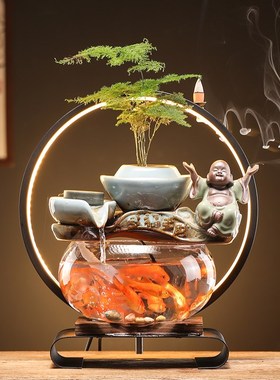 流水生财摆件循环水创意办公室客厅桌面小型家用玻璃鱼缸开业礼品