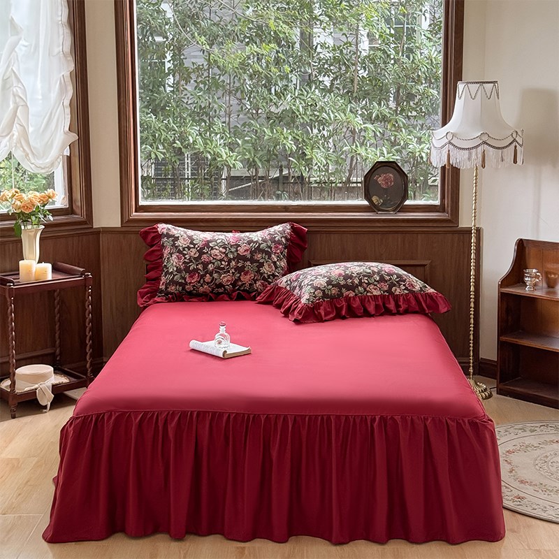 法式公主风纯棉四件套全棉结婚床裙款床单被套床上用品婚庆大红色