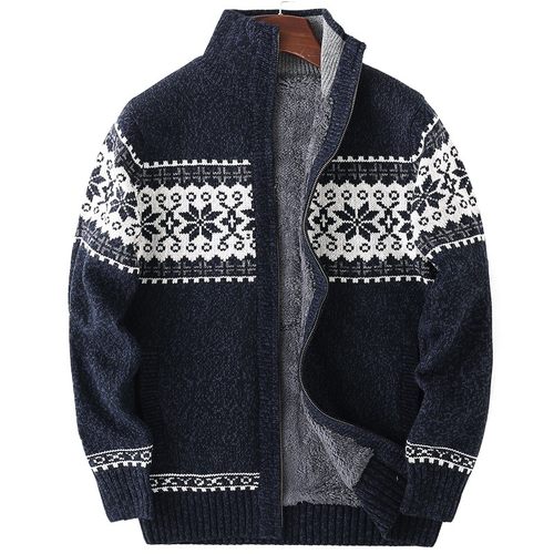 毛衣男开衫宽松休闲雪花图案拉链外套加厚加绒羊羔毛立领针织线衫