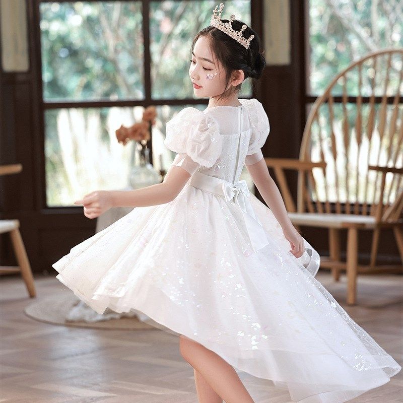 儿童礼服女童拖尾裙夏装公主裙小女孩洋气前短后长花童婚纱蓬蓬裙