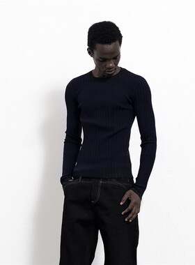 BEVAN UP邃黑 纹理拼接大坑条修身舒适针织衫