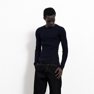 舒适针织衫 纹理拼接大坑条修身 UP邃黑 BEVAN