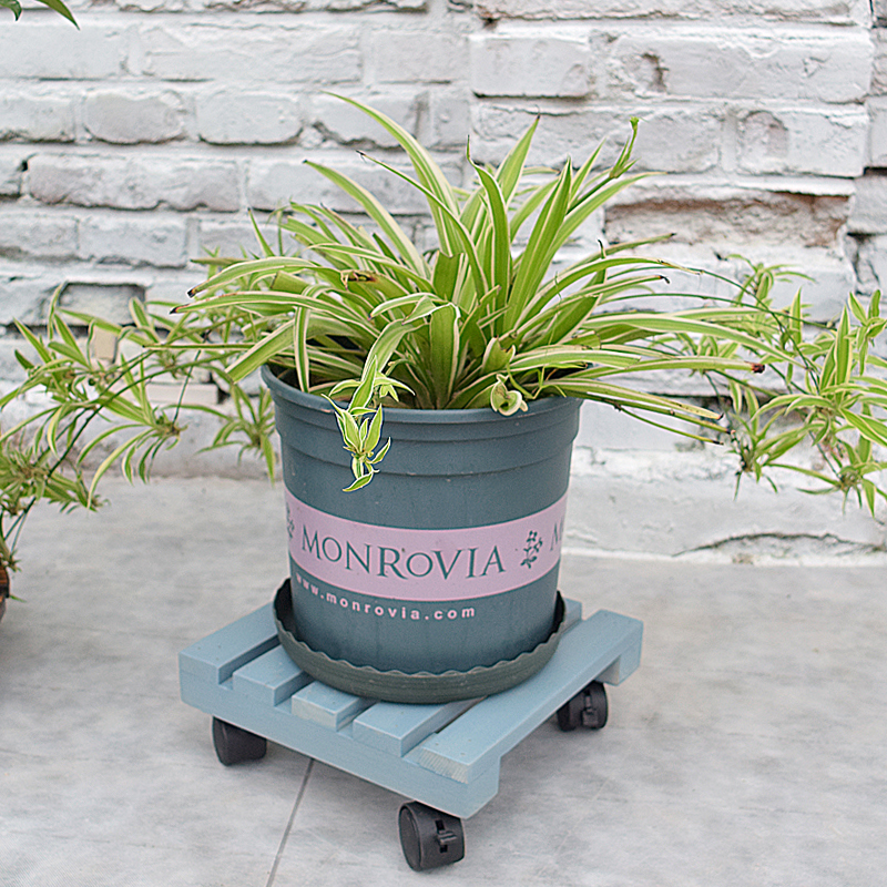 木质移动托盘阳台大花盆底座实木花架盆景架复古蓝色带刹车滚轮