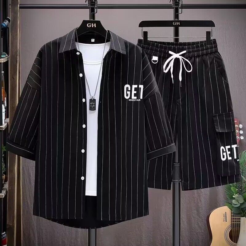 夏季衬衫男短袖条纹宽松七分袖衬衣青年高中学生搭配时尚休闲套装