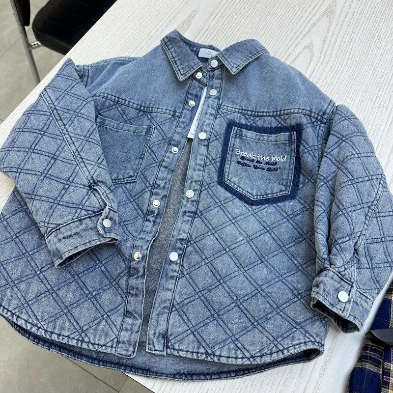 男童牛仔衬衫夹棉儿童纯棉外套秋冬加厚2024新款洋气男孩长袖衬衣