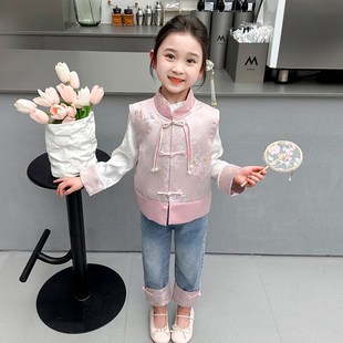 女童新中式春秋2024新款套装儿童宝宝盘扣马甲牛仔裤时髦春季春装