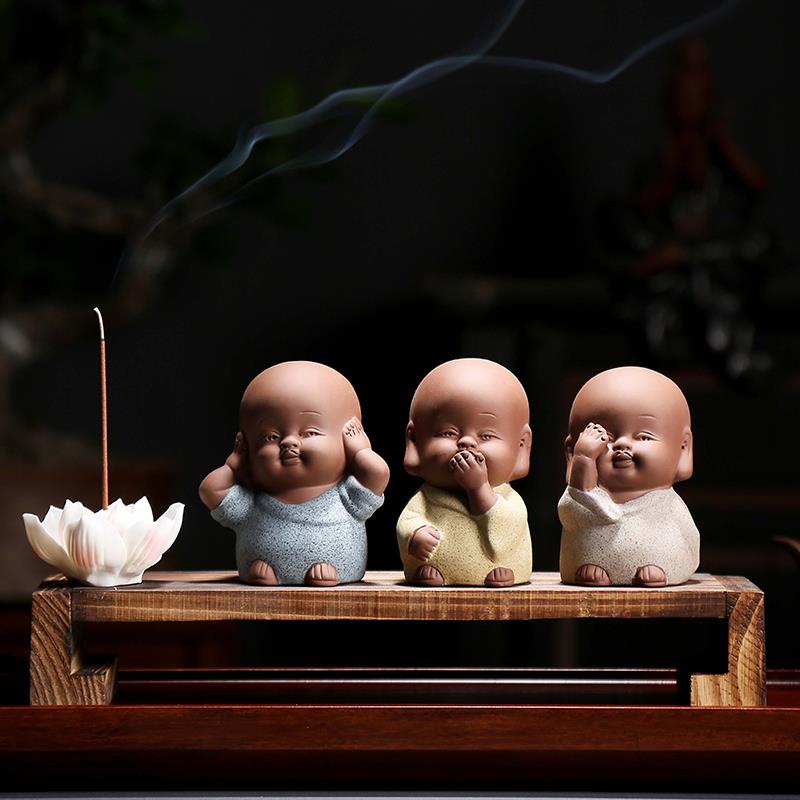 三不小和尚茶宠精品紫砂可养不看不听不说小沙弥功夫茶具可爱摆件
