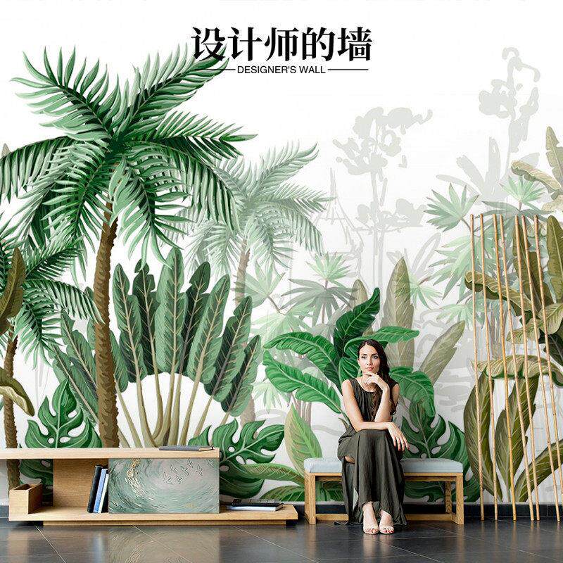 3d芭蕉叶植物商场墙纸电视背景墙壁纸东南亚立体热带雨林客厅壁布