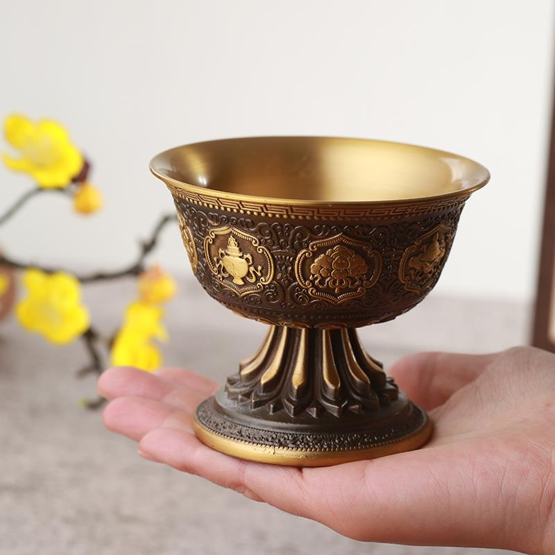 纯铜供杯藏式密宗用品八吉祥家居摆件大号高脚不锈钢内胆七供水杯
