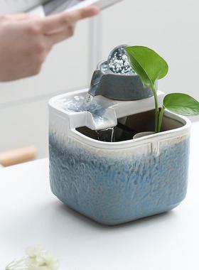 简约流水小喷泉摆件办公桌风水轮循环水不插电USB送同事可定logo