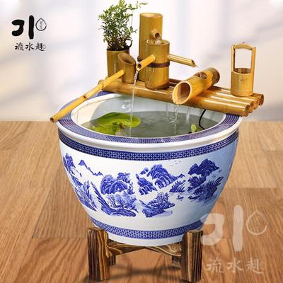 流水趣 庭院莲花陶瓷水缸竹排竹子流水循环流水摆件流水器鱼缸