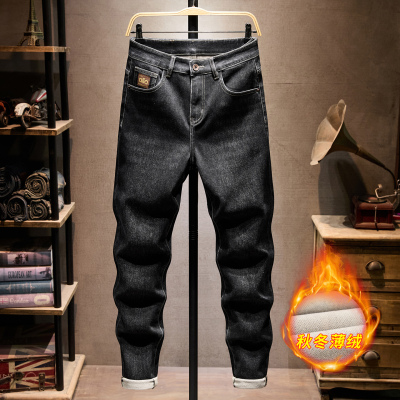 秋冬款加薄绒牛仔裤男潮修身长裤