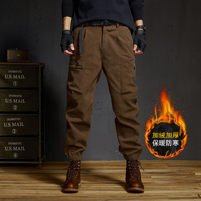 美式复古休闲男士秋冬新款宽松工装潮牌多口袋束脚加绒裤子灯芯绒