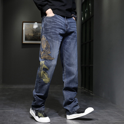 国潮重工刺绣男直筒宽松牛仔裤