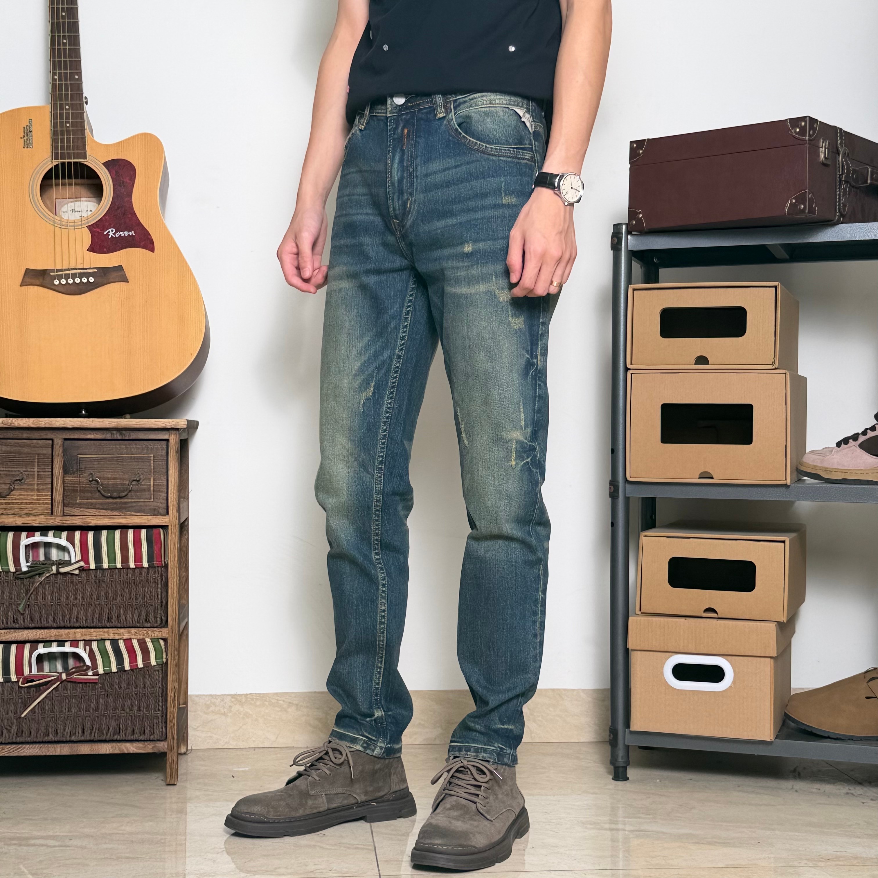 复古水洗蓝色牛仔裤男修身小直筒