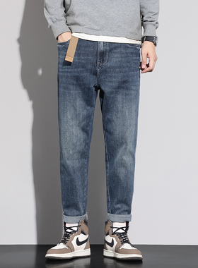 潮牌小脚牛仔裤男修身百搭复古水洗蓝色长裤休闲裤秋冬帅气百搭