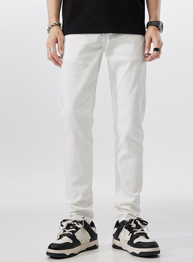 秋冬帅气百搭青年美式潮牌白色牛仔裤男修身小脚弹力长裤休闲裤子