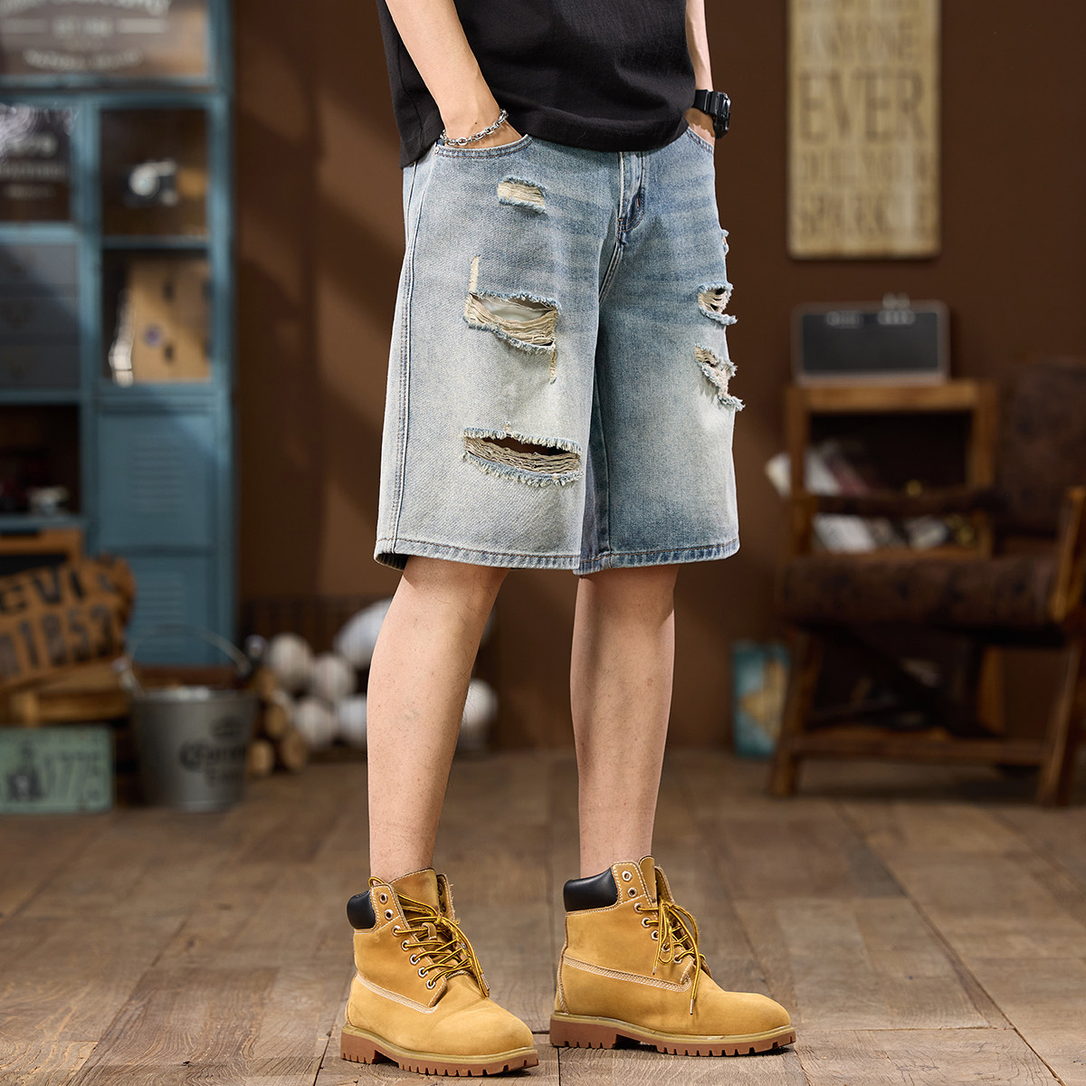 2025新款复古做旧深灰色牛仔裤男修身小脚直筒五分裤5分短裤中裤