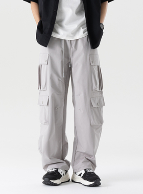 黑色机能工装裤男夏季薄款直筒宽松潮牌多口袋户外山系阔腿休闲裤