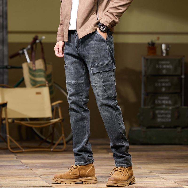 外贸跨境国外欧美秋冬美式复古工装牛仔裤男多口袋直筒修身长裤潮