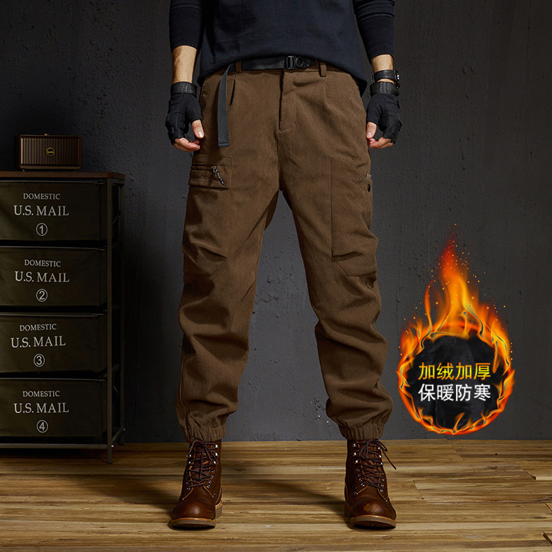 加绒加厚潮牌运动裤子男秋冬季新款宽松潮流束脚工装裤机能风卫裤