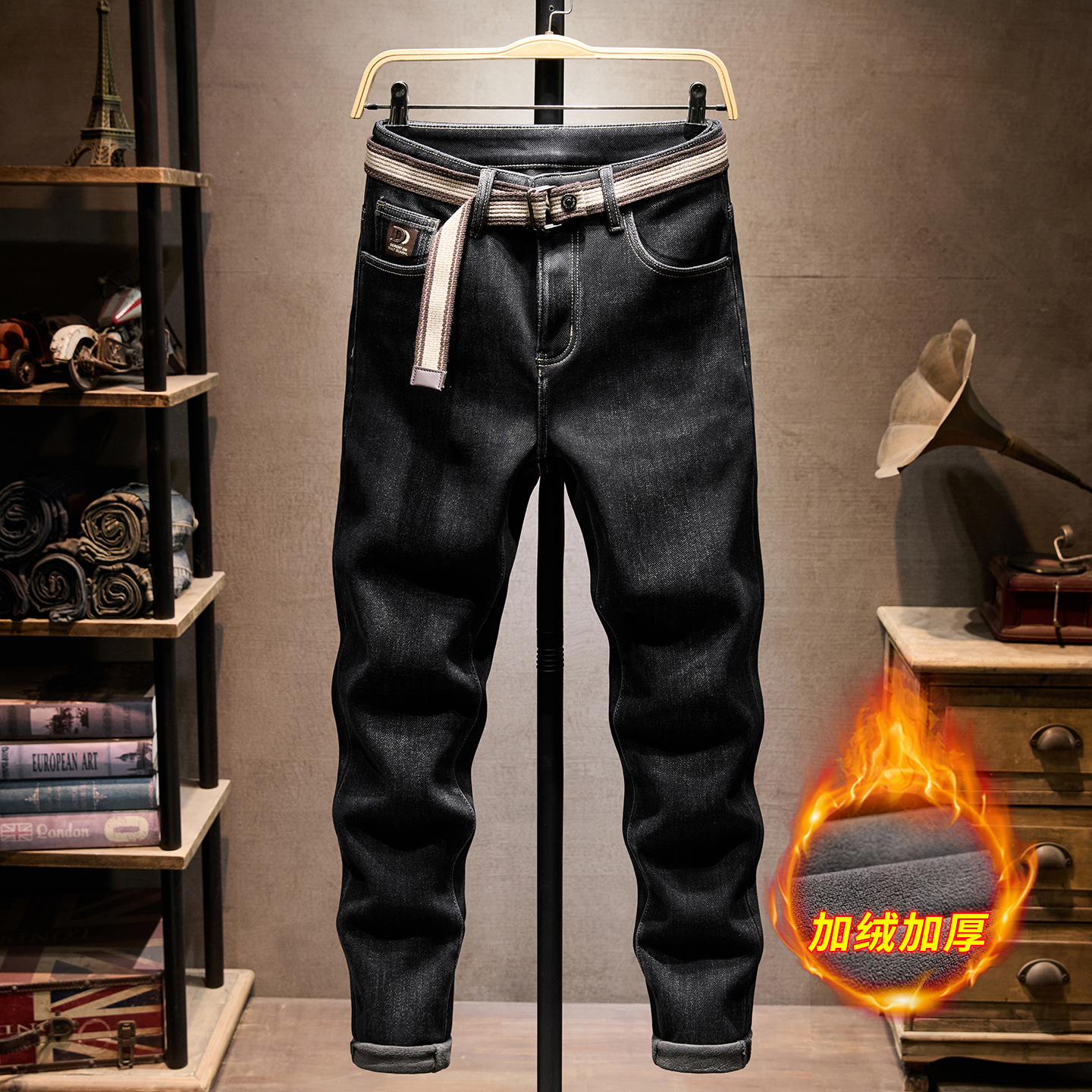 秋冬韩版中青年加绒加厚牛仔裤男冬季弹力修身小脚长裤保暖高端