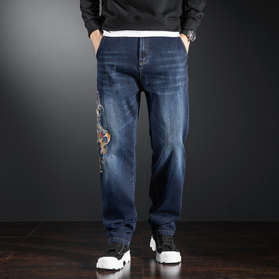 中国风刺绣男直筒宽松牛仔裤