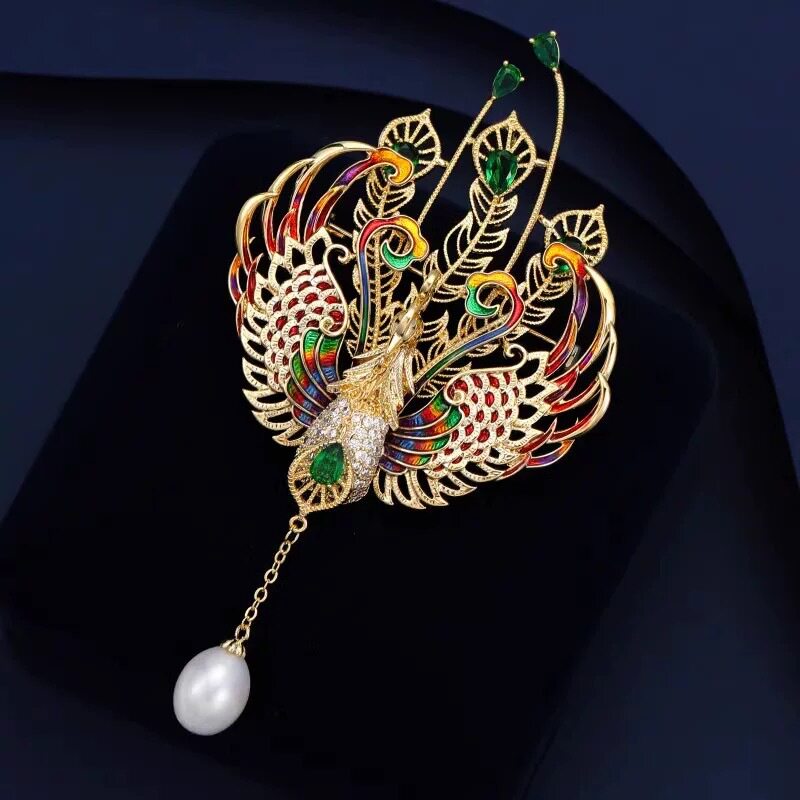凤凰胸针国风百鸟朝凤胸花彩色珐琅国潮旗袍礼服配饰珍珠流苏别针