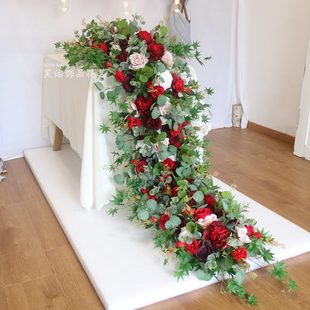 仿真长条花排拖尾瀑布花艺婚庆绢花长桌餐桌布置桌花婚礼橱窗商场