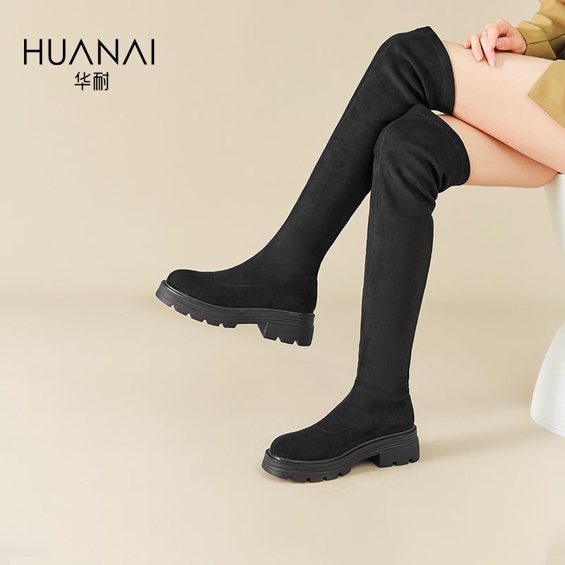 华耐小香风过膝长靴女秋冬新款厚底粗腿长筒靴绒面丝袜弹力瘦瘦靴