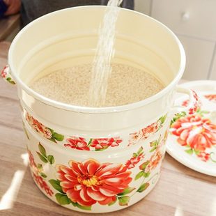 肥龙花开富贵珐琅搪瓷18L加高加厚汤锅大米桶35斤米南北干货储藏