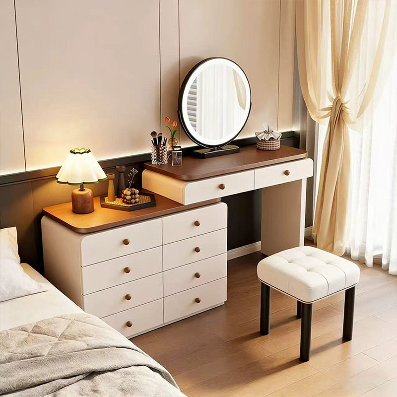 2026新款中古奶油风实木梳妆台卧室简约床尾斗柜收纳柜一体化妆桌