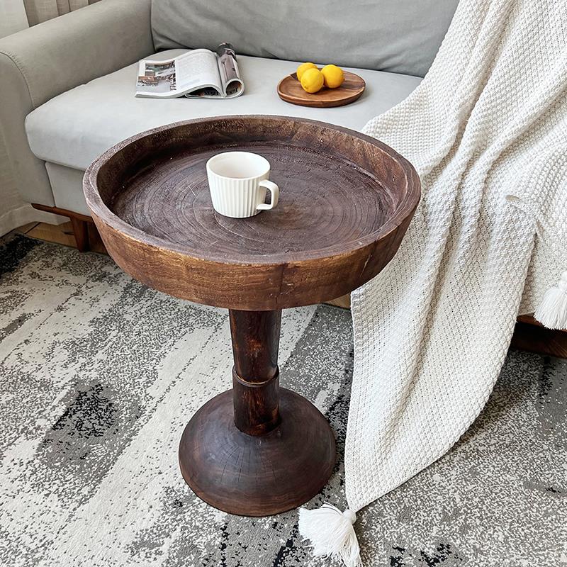 侘寂风原木中古小茶几复古实木沙发边几做旧床头柜装饰小桌子边桌