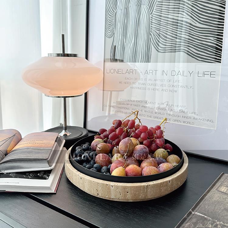 如是果盘天然米黄洞石底座客饭厅水果零食金属托 托盘私宅会所酒