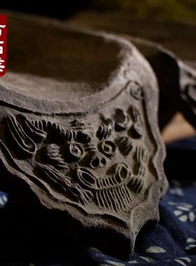 老瓦当雕花瓦片砖雕带花兽纹兽头图形明清老瓦茶桌摆件收藏老货