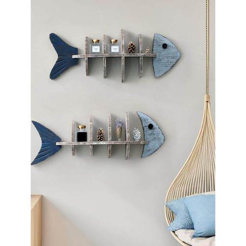 地中海洋风装饰品置物架鱼骨架形木质搁隔板创意小众墙壁挂饰家居