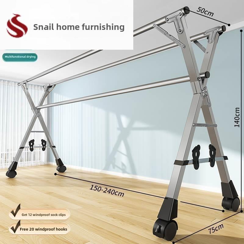 不锈钢晾衣架落地结实可伸缩移动折叠晒被小型阳台双杆式室外