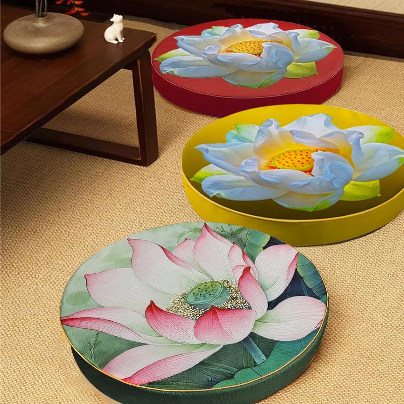 中式大朵莲花跪拜垫禅修诵经蒲团瑜伽打坐墩居家圆形茶坐拆洗定制