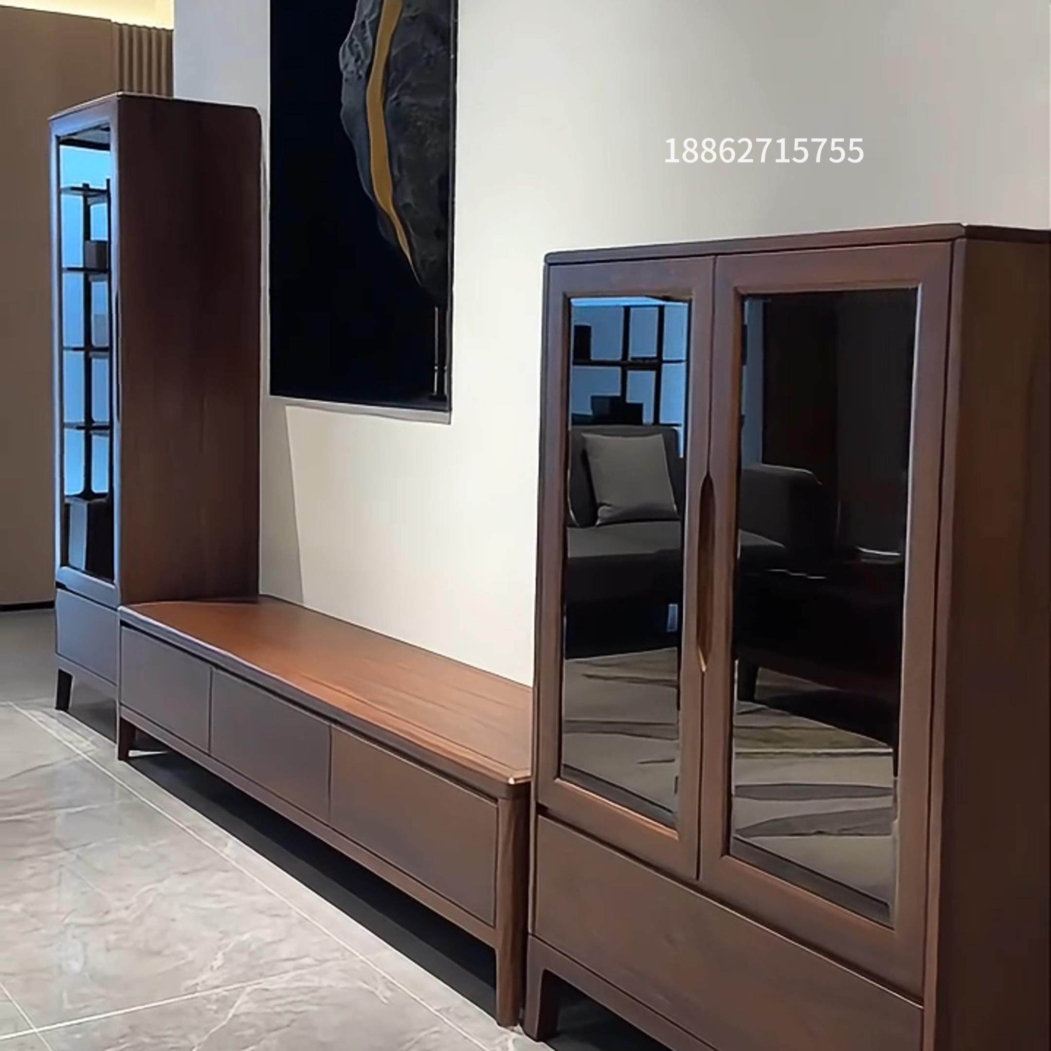 北美黑胡桃木电视柜三件套客厅高柜立柜地柜组合实木极简玻璃边柜