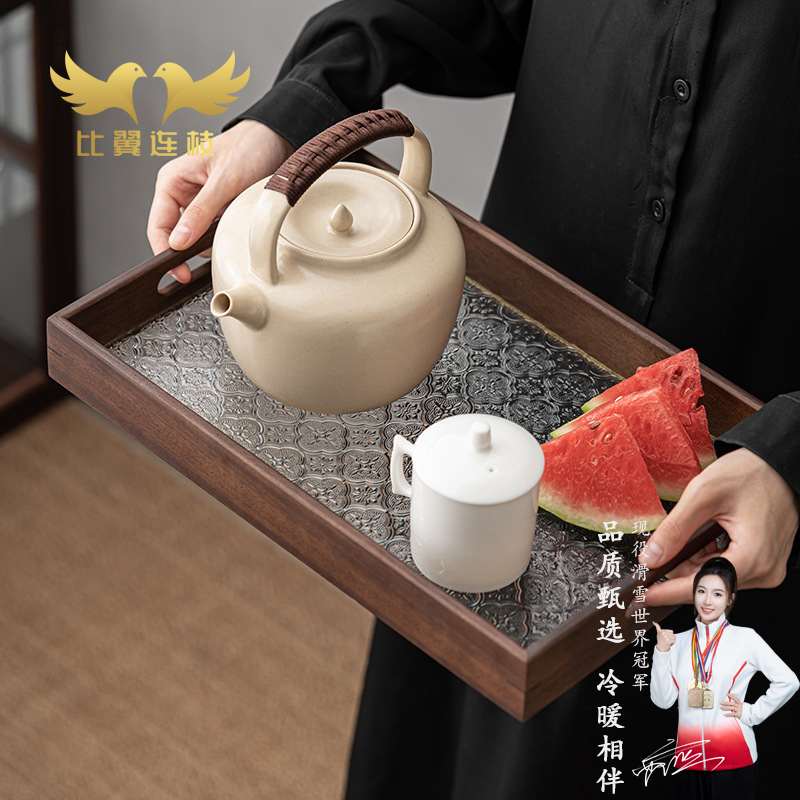 比翼连枝窗花玻璃胡桃木干泡茶盘