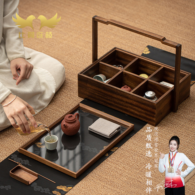 比翼连枝胡桃木六宫格茶具展示架