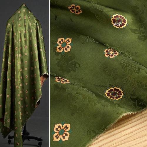 豆绿色 六叶草团花香云纱花罗提花面料 中国风旗袍外套丝滑布料