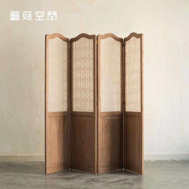 蘑菇空间 & OLD 复古木质屏风 镂空棉麻帘 客厅隔断栅栏 移动折屏