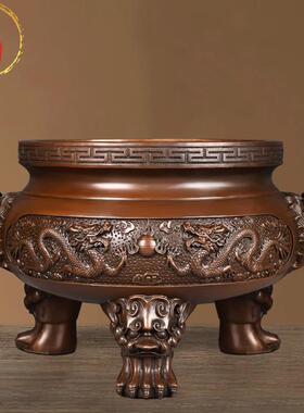 威弗列德纯铜双龙香炉摆件龙戏珠三足鼎炉紫铜炉家祠堂寺院九龙炉