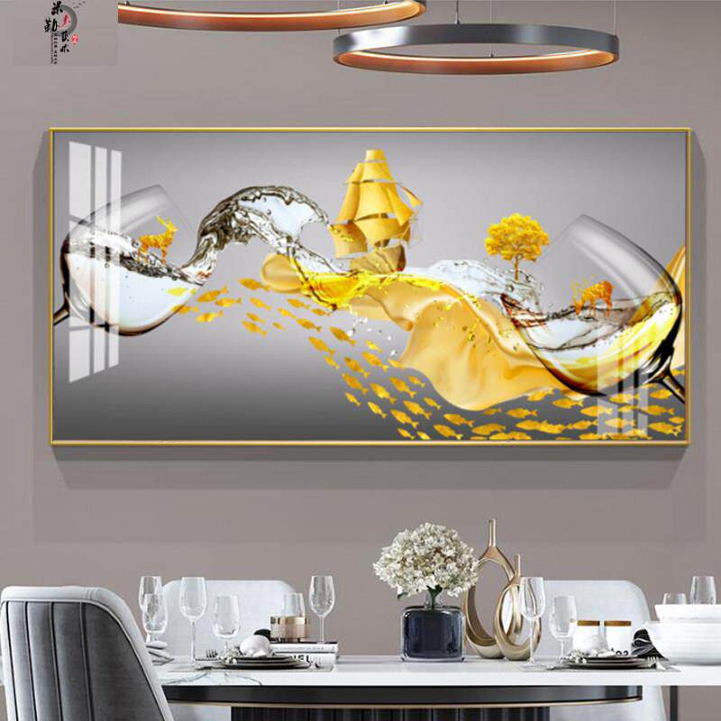 餐厅装饰画招财轻奢饭厅壁画现代简约单幅横版酒杯挂画客厅晶瓷画