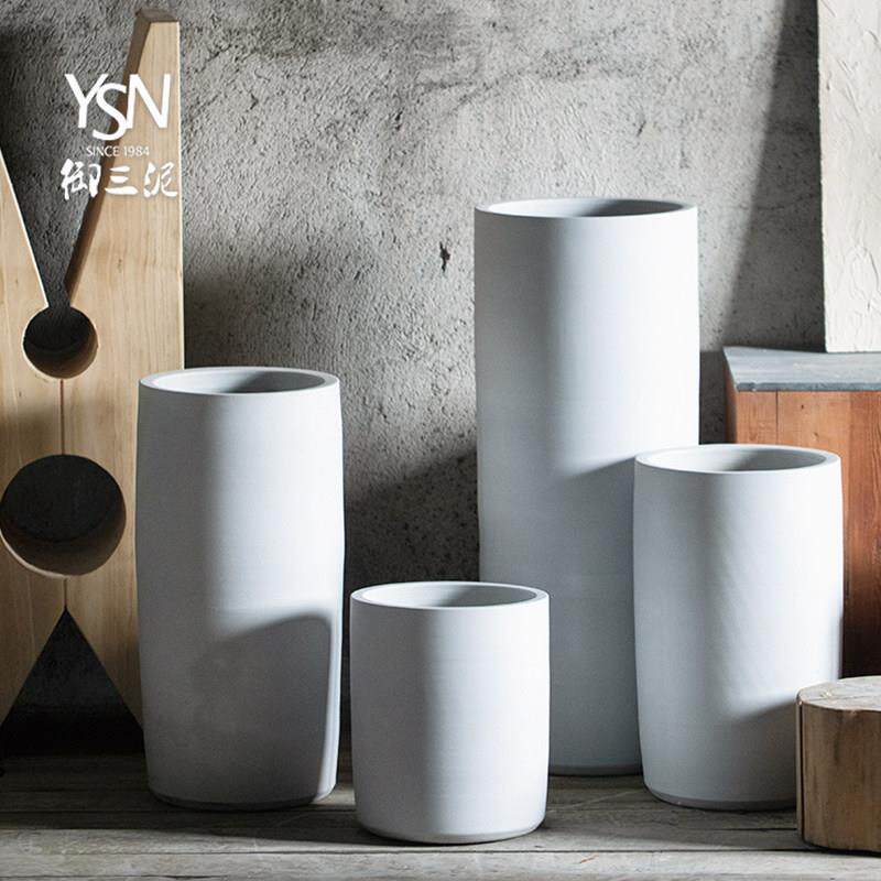 御三泥直筒北欧绿植白色现代简约陶瓷花坛花盆装饰大口花瓶摆件