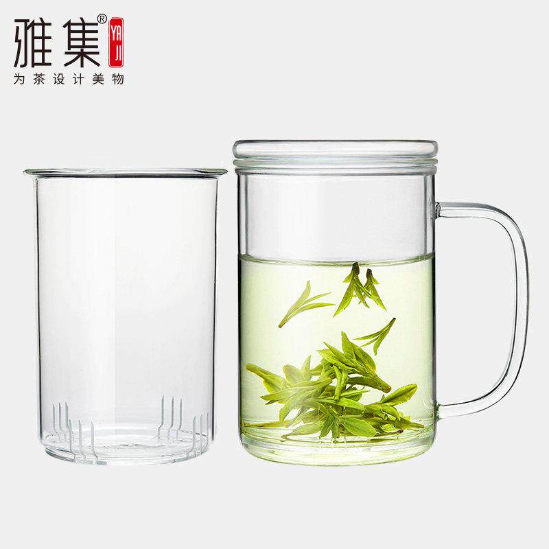 雅集茶具三件式玻璃杯茶杯办公室泡茶杯子男士创意带盖子把手茶杯