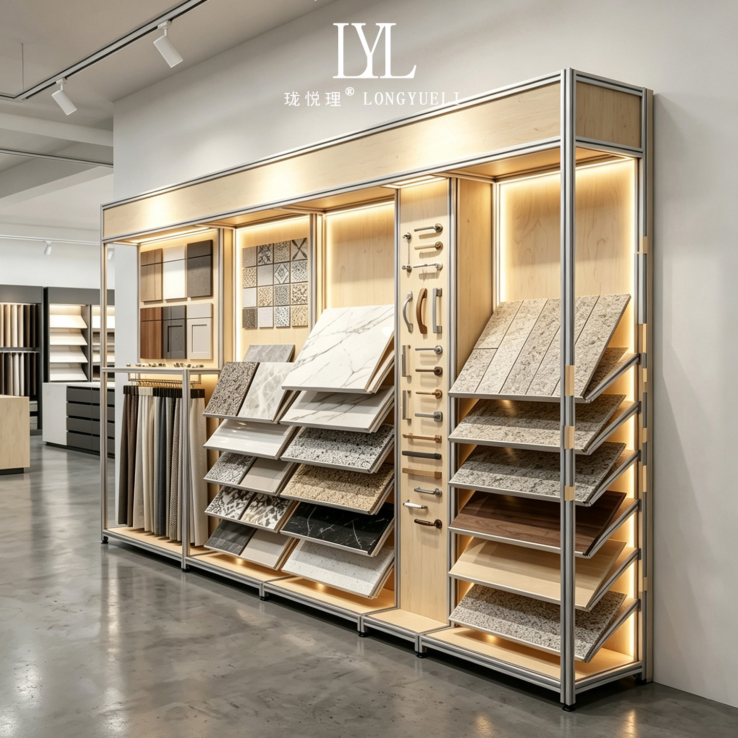 现代简约铝型材海洋板展示柜带灯多层陈列商业全屋定制样品展示架